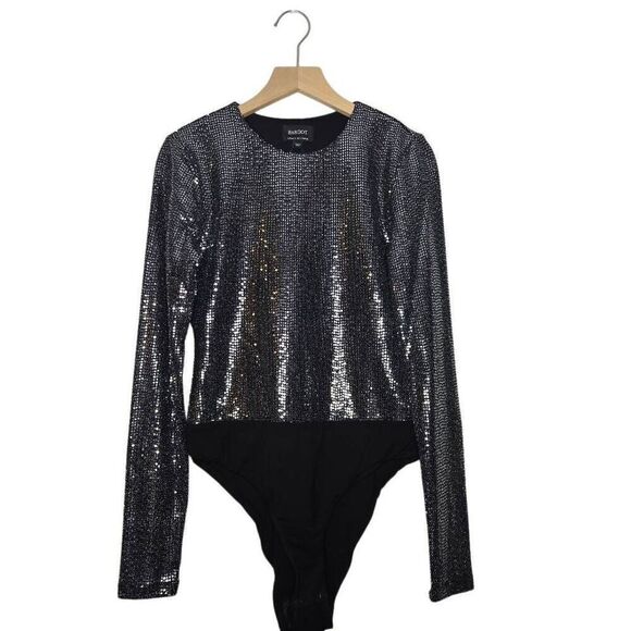 Bardot Long Sleeve Silver Black Bodysuit Sparkle Size Small - Picture 1 of 7